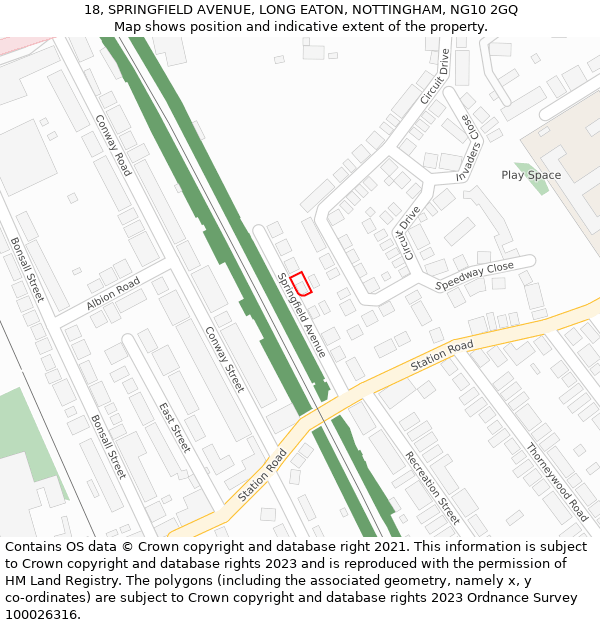 18, SPRINGFIELD AVENUE, LONG EATON, NOTTINGHAM, NG10 2GQ: Location map and indicative extent of plot