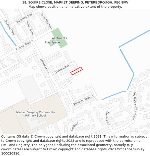 18, SQUIRE CLOSE, MARKET DEEPING, PETERBOROUGH, PE6 8FW: Location map and indicative extent of plot