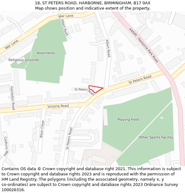 18, ST PETERS ROAD, HARBORNE, BIRMINGHAM, B17 0AX: Location map and indicative extent of plot