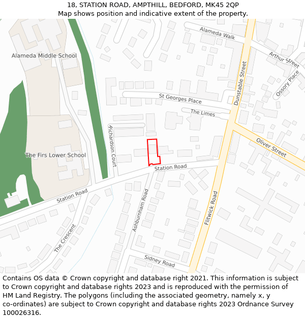 18, STATION ROAD, AMPTHILL, BEDFORD, MK45 2QP: Location map and indicative extent of plot