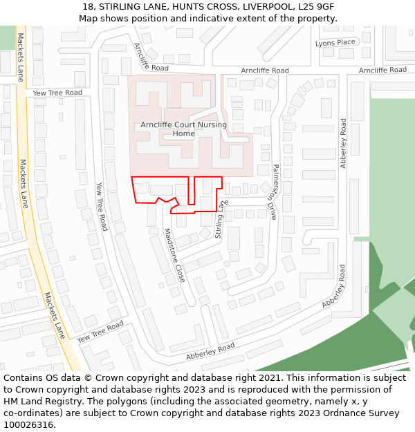 18, STIRLING LANE, HUNTS CROSS, LIVERPOOL, L25 9GF: Location map and indicative extent of plot