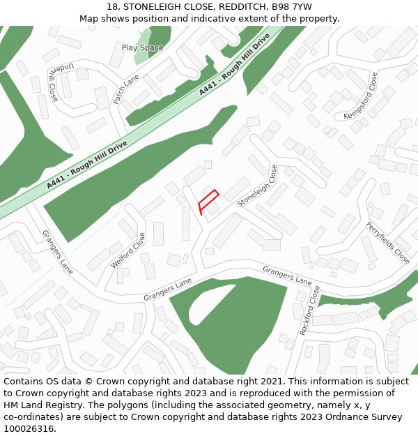 18, STONELEIGH CLOSE, REDDITCH, B98 7YW: Location map and indicative extent of plot