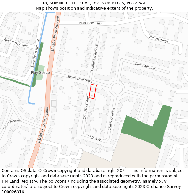 18, SUMMERHILL DRIVE, BOGNOR REGIS, PO22 6AL: Location map and indicative extent of plot