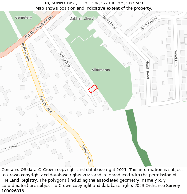 18, SUNNY RISE, CHALDON, CATERHAM, CR3 5PR: Location map and indicative extent of plot