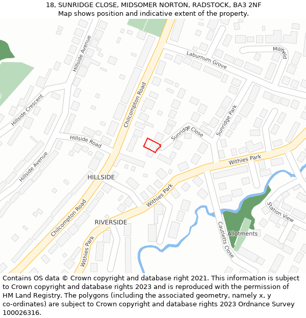 18, SUNRIDGE CLOSE, MIDSOMER NORTON, RADSTOCK, BA3 2NF: Location map and indicative extent of plot