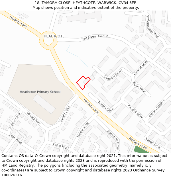 18, TAMORA CLOSE, HEATHCOTE, WARWICK, CV34 6ER: Location map and indicative extent of plot