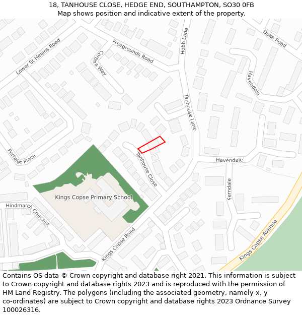 18, TANHOUSE CLOSE, HEDGE END, SOUTHAMPTON, SO30 0FB: Location map and indicative extent of plot