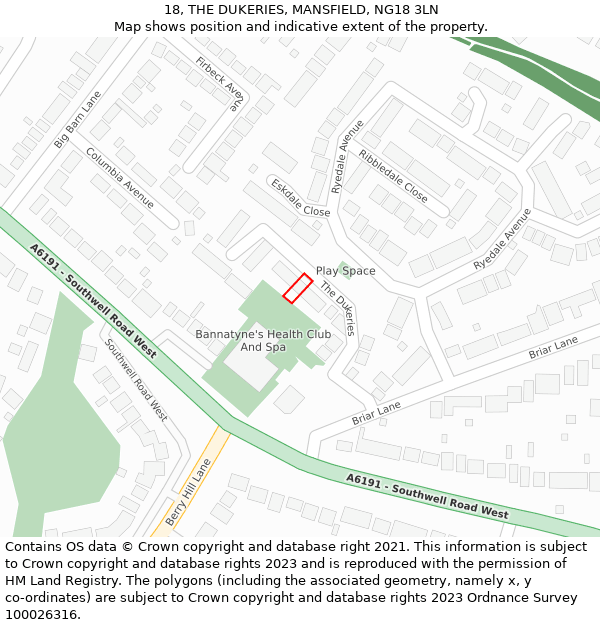 18, THE DUKERIES, MANSFIELD, NG18 3LN: Location map and indicative extent of plot