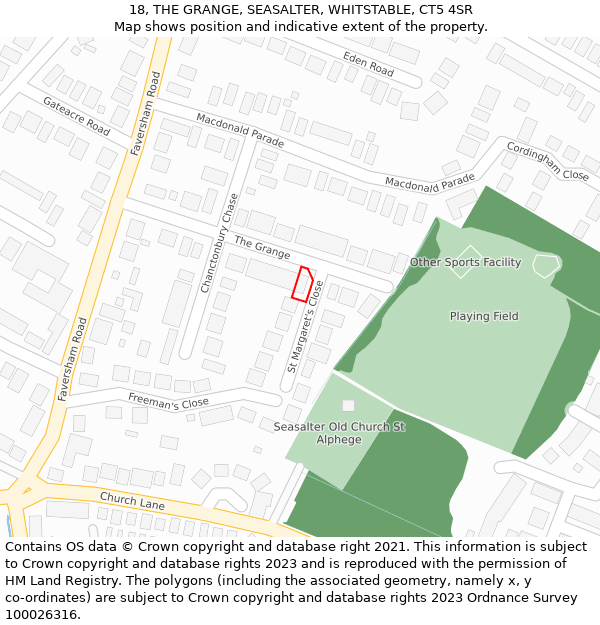 18, THE GRANGE, SEASALTER, WHITSTABLE, CT5 4SR: Location map and indicative extent of plot