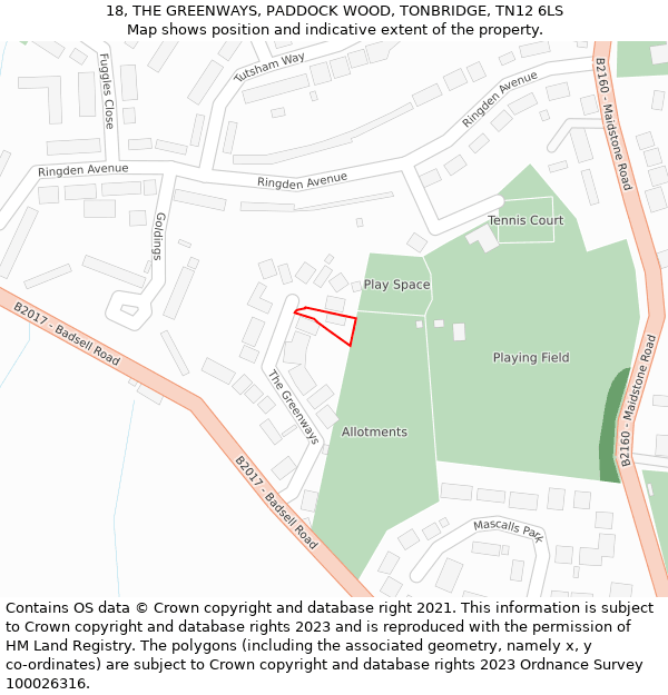 18, THE GREENWAYS, PADDOCK WOOD, TONBRIDGE, TN12 6LS: Location map and indicative extent of plot