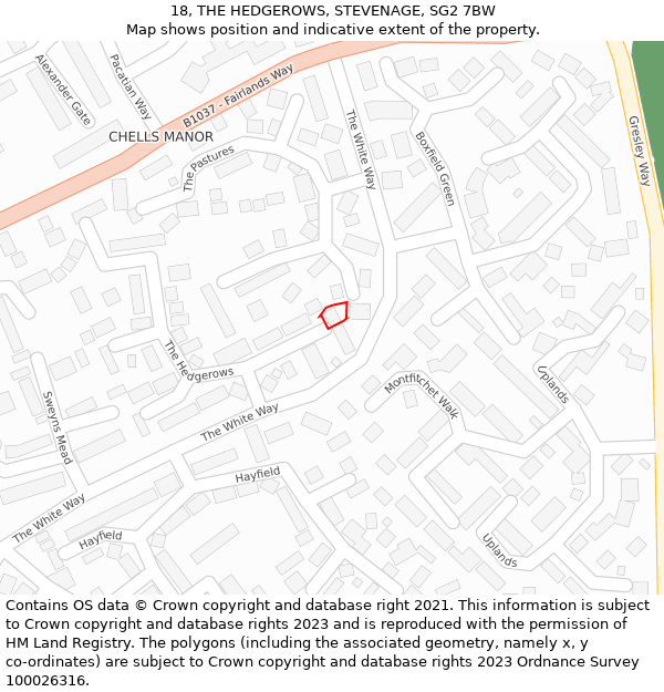 18, THE HEDGEROWS, STEVENAGE, SG2 7BW: Location map and indicative extent of plot