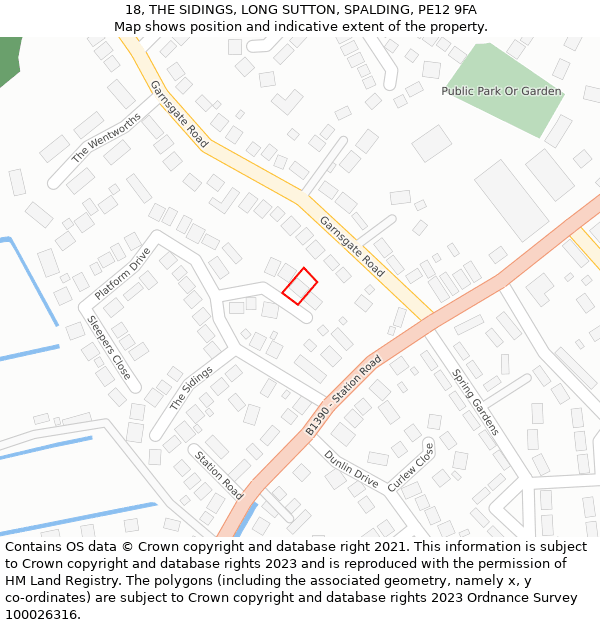 18, THE SIDINGS, LONG SUTTON, SPALDING, PE12 9FA: Location map and indicative extent of plot