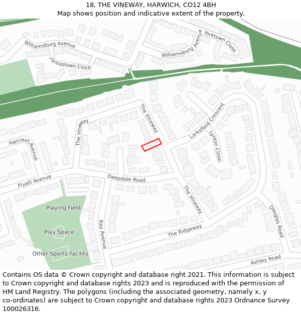 18, THE VINEWAY, HARWICH, CO12 4BH: Location map and indicative extent of plot