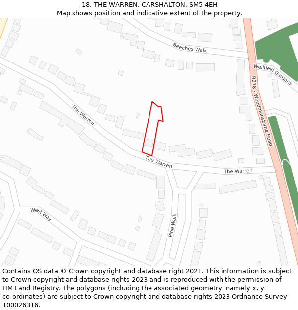 18, THE WARREN, CARSHALTON, SM5 4EH: Location map and indicative extent of plot