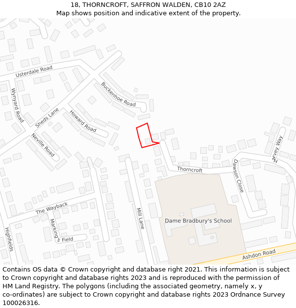 18, THORNCROFT, SAFFRON WALDEN, CB10 2AZ: Location map and indicative extent of plot