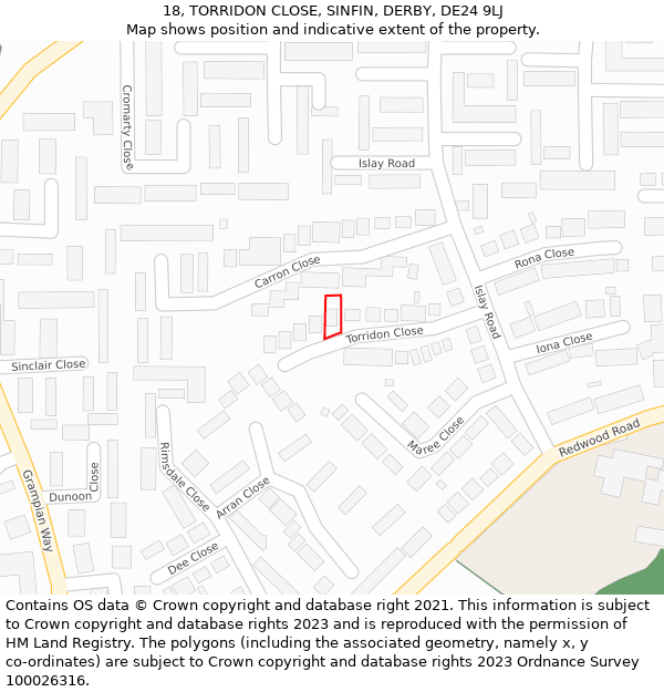 18, TORRIDON CLOSE, SINFIN, DERBY, DE24 9LJ: Location map and indicative extent of plot