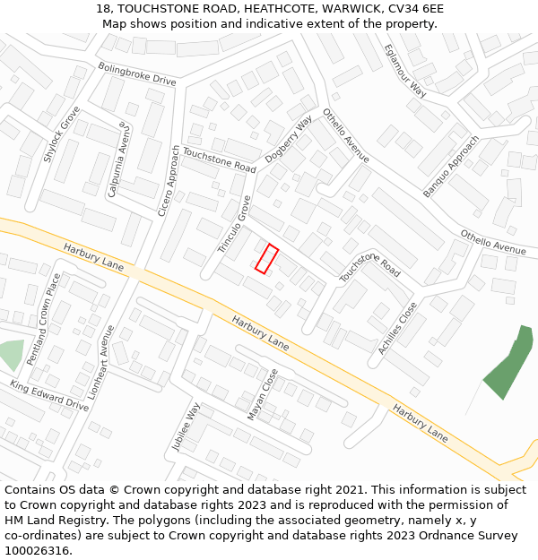 18, TOUCHSTONE ROAD, HEATHCOTE, WARWICK, CV34 6EE: Location map and indicative extent of plot