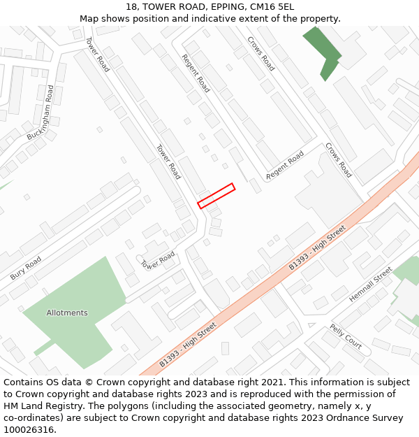 18, TOWER ROAD, EPPING, CM16 5EL: Location map and indicative extent of plot