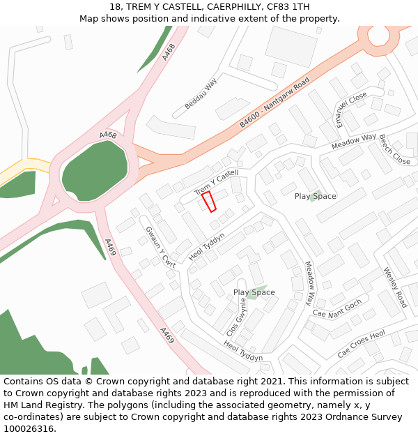 18, TREM Y CASTELL, CAERPHILLY, CF83 1TH: Location map and indicative extent of plot