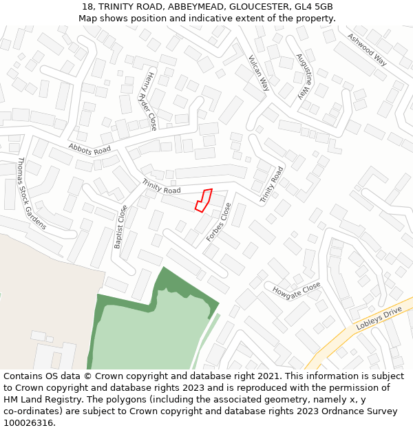 18, TRINITY ROAD, ABBEYMEAD, GLOUCESTER, GL4 5GB: Location map and indicative extent of plot