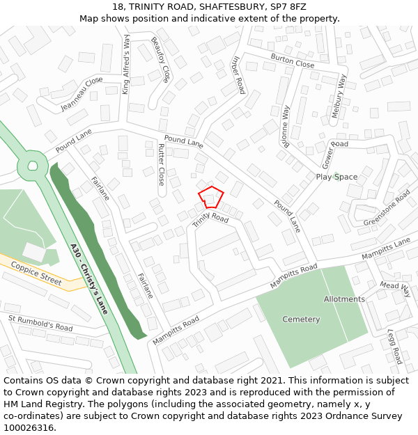 18, TRINITY ROAD, SHAFTESBURY, SP7 8FZ: Location map and indicative extent of plot