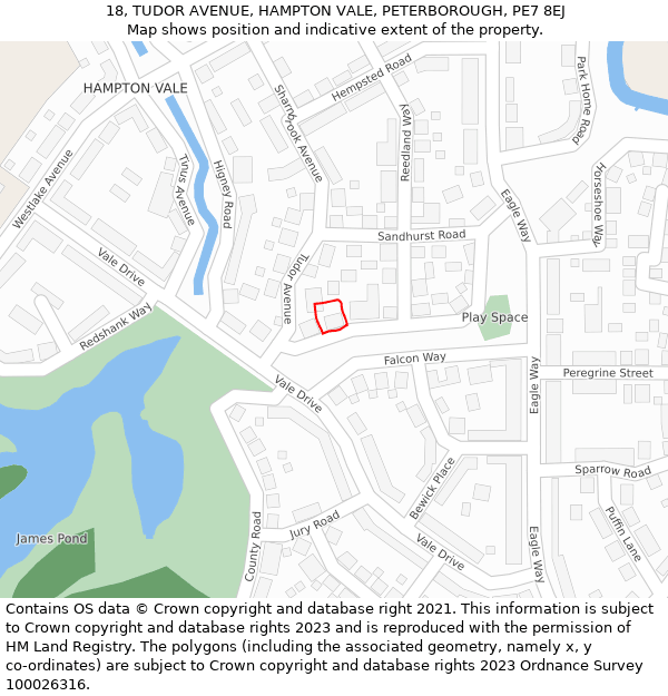 18, TUDOR AVENUE, HAMPTON VALE, PETERBOROUGH, PE7 8EJ: Location map and indicative extent of plot