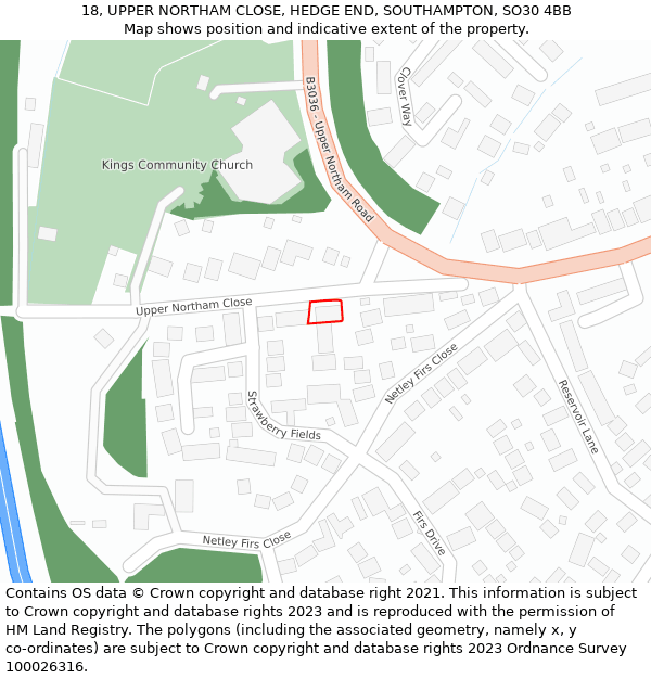 18, UPPER NORTHAM CLOSE, HEDGE END, SOUTHAMPTON, SO30 4BB: Location map and indicative extent of plot