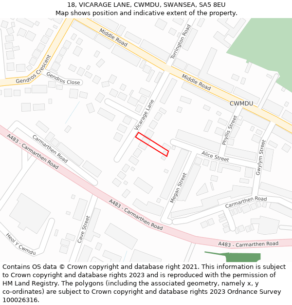 18, VICARAGE LANE, CWMDU, SWANSEA, SA5 8EU: Location map and indicative extent of plot