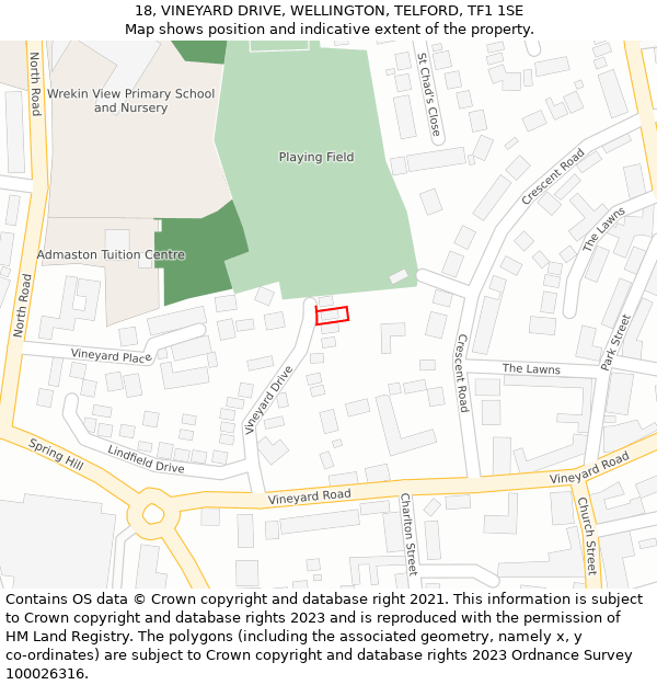 18, VINEYARD DRIVE, WELLINGTON, TELFORD, TF1 1SE: Location map and indicative extent of plot