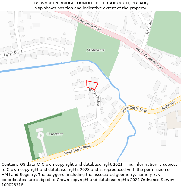 18, WARREN BRIDGE, OUNDLE, PETERBOROUGH, PE8 4DQ: Location map and indicative extent of plot