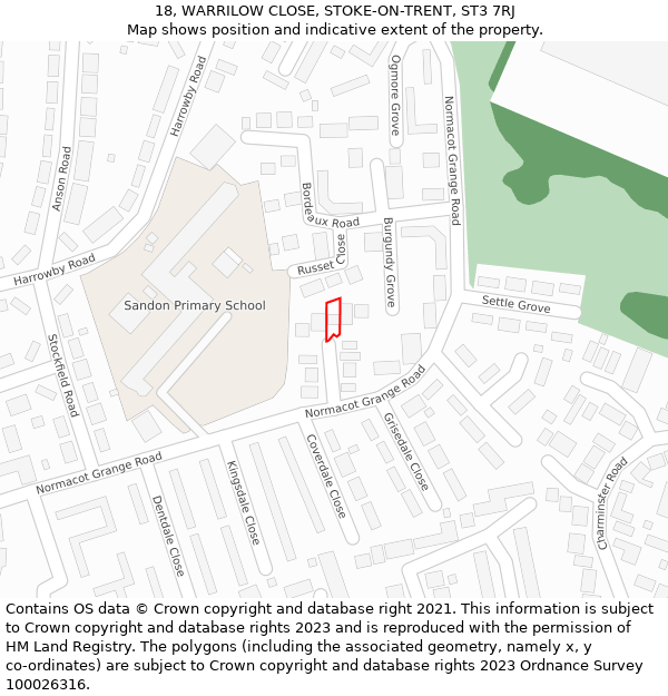 18, WARRILOW CLOSE, STOKE-ON-TRENT, ST3 7RJ: Location map and indicative extent of plot