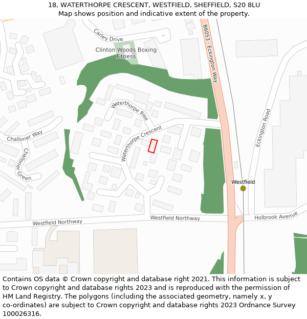 18, WATERTHORPE CRESCENT, WESTFIELD, SHEFFIELD, S20 8LU: Location map and indicative extent of plot