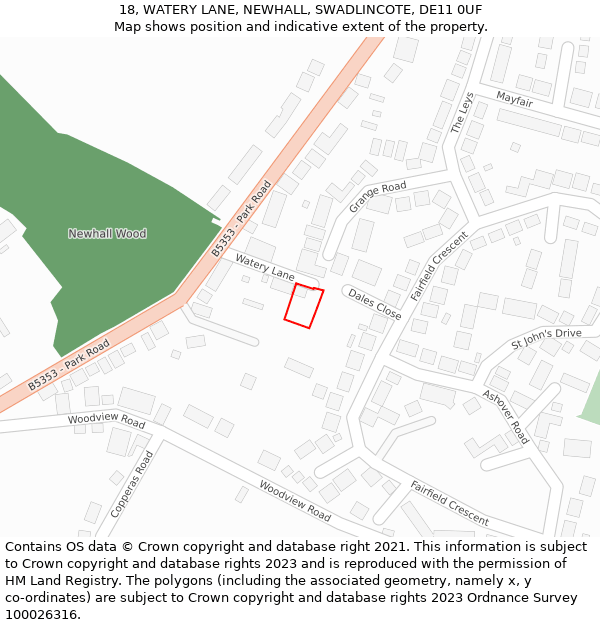 18, WATERY LANE, NEWHALL, SWADLINCOTE, DE11 0UF: Location map and indicative extent of plot