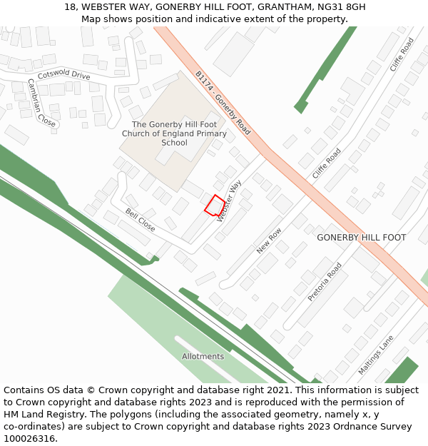 18, WEBSTER WAY, GONERBY HILL FOOT, GRANTHAM, NG31 8GH: Location map and indicative extent of plot