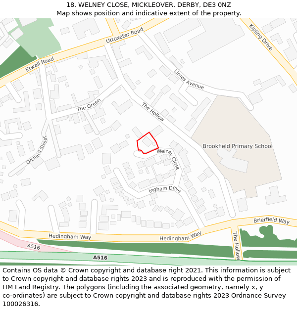 18, WELNEY CLOSE, MICKLEOVER, DERBY, DE3 0NZ: Location map and indicative extent of plot