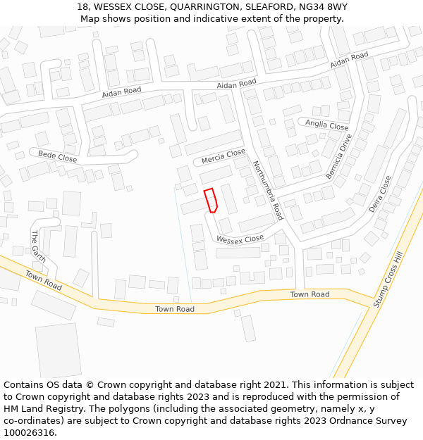 18, WESSEX CLOSE, QUARRINGTON, SLEAFORD, NG34 8WY: Location map and indicative extent of plot