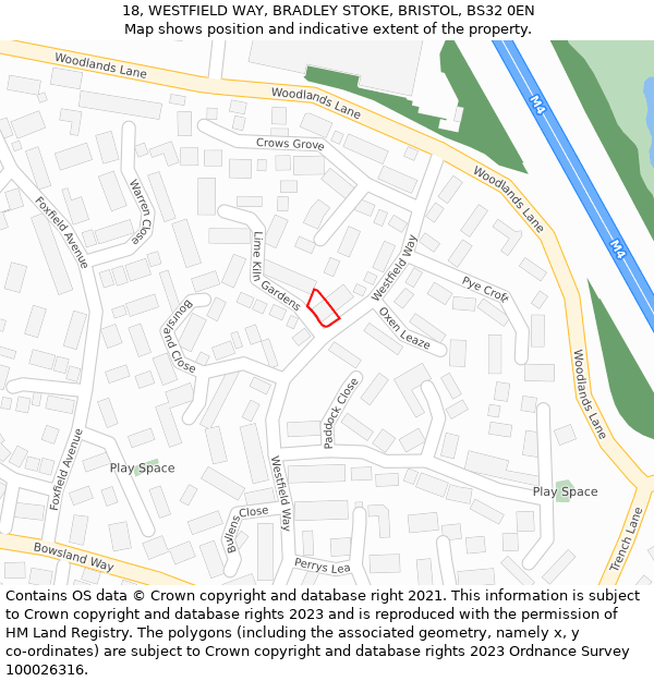 18, WESTFIELD WAY, BRADLEY STOKE, BRISTOL, BS32 0EN: Location map and indicative extent of plot