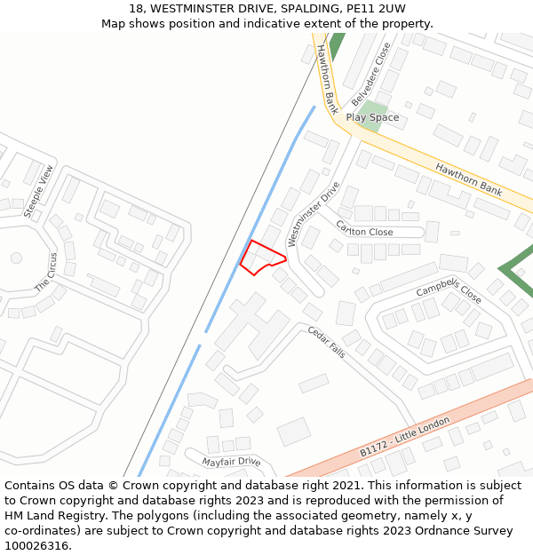 18, WESTMINSTER DRIVE, SPALDING, PE11 2UW: Location map and indicative extent of plot