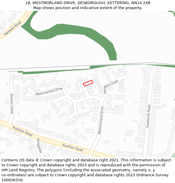 18, WESTMORLAND DRIVE, DESBOROUGH, KETTERING, NN14 2XB: Location map and indicative extent of plot
