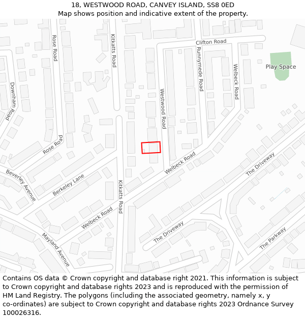 18, WESTWOOD ROAD, CANVEY ISLAND, SS8 0ED: Location map and indicative extent of plot