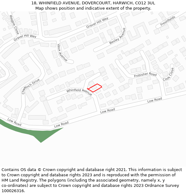 18, WHINFIELD AVENUE, DOVERCOURT, HARWICH, CO12 3UL: Location map and indicative extent of plot