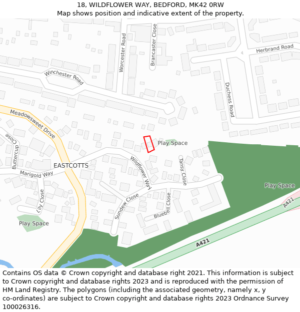 18, WILDFLOWER WAY, BEDFORD, MK42 0RW: Location map and indicative extent of plot