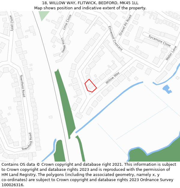 18, WILLOW WAY, FLITWICK, BEDFORD, MK45 1LL: Location map and indicative extent of plot