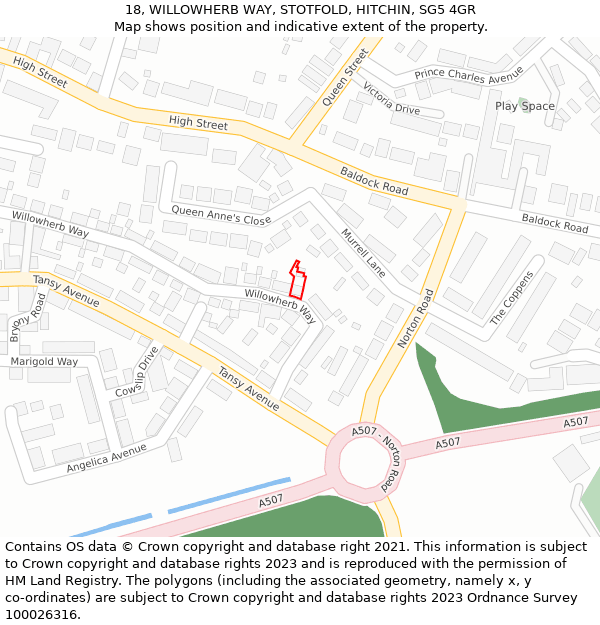 18, WILLOWHERB WAY, STOTFOLD, HITCHIN, SG5 4GR: Location map and indicative extent of plot