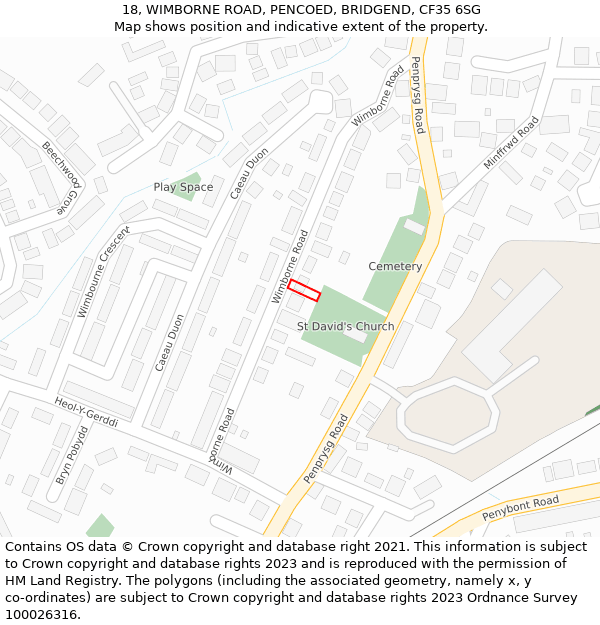 18, WIMBORNE ROAD, PENCOED, BRIDGEND, CF35 6SG: Location map and indicative extent of plot
