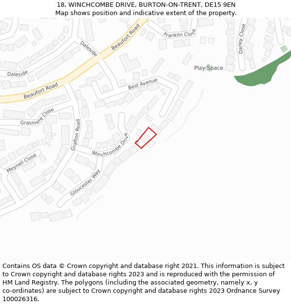 18, WINCHCOMBE DRIVE, BURTON-ON-TRENT, DE15 9EN: Location map and indicative extent of plot