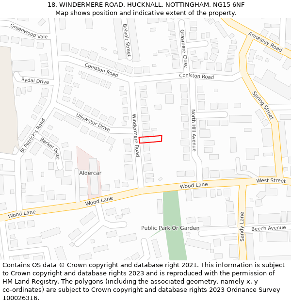 18, WINDERMERE ROAD, HUCKNALL, NOTTINGHAM, NG15 6NF: Location map and indicative extent of plot