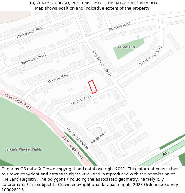 18, WINDSOR ROAD, PILGRIMS HATCH, BRENTWOOD, CM15 9LB: Location map and indicative extent of plot