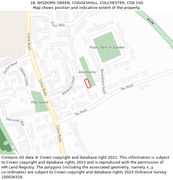 18, WISDOMS GREEN, COGGESHALL, COLCHESTER, CO6 1SG: Location map and indicative extent of plot