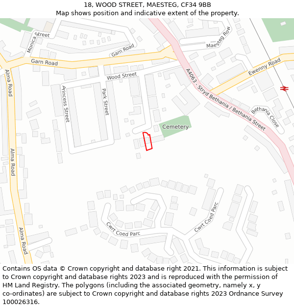 18, WOOD STREET, MAESTEG, CF34 9BB: Location map and indicative extent of plot